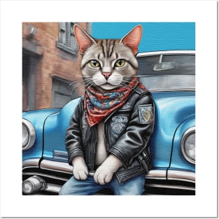 cute street Cat wearing a leather jacket standing by his car Posters and Art